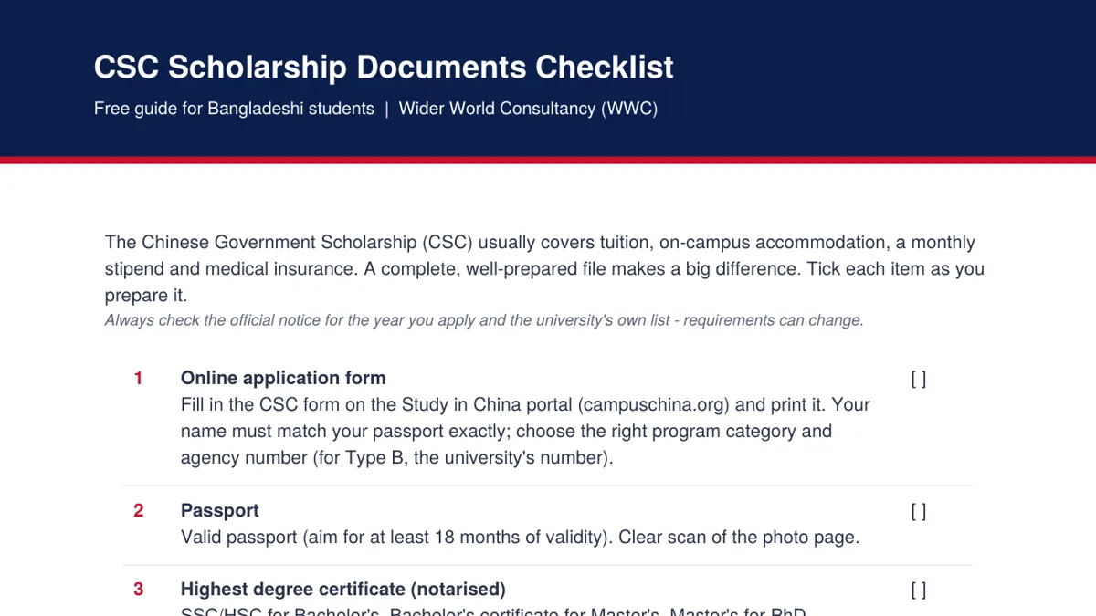 CSC Scholarship Documents Checklist